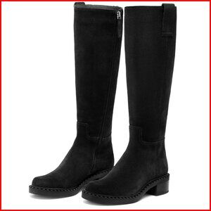 Black Knee-High Heeled Boots - Women's Faux Leather Riding Style. Side zipper.
